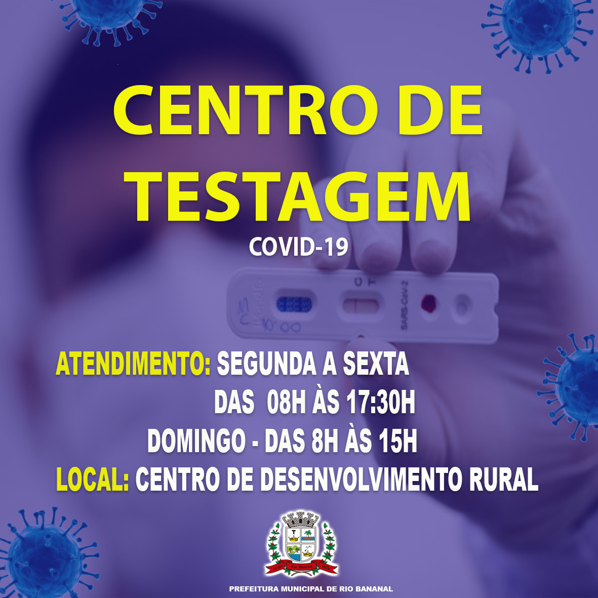 IMAGEM CENTRO DE TESTAGEM COVID-19 NO CENTRO DE DESENVOLVIMENTO RURAL NESTA TERÇA-FEIRA (19)